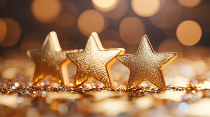Wall Mural - Three shiny gold stars are arranged on a gold background, creating a visually appealing and elegant display. The stars are positioned in a way that draws the viewer's attention