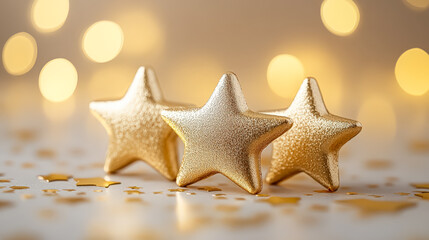 Wall Mural - three shiny gold stars are arranged on a gold background, creating a visually appealing and elegant 