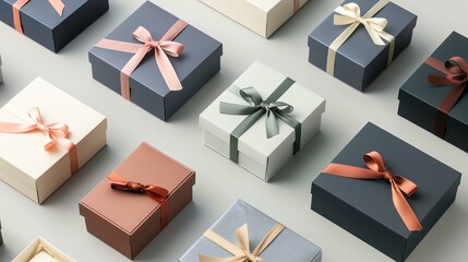 Wall Mural - a flat lay of gift boxes tied with ribbon bows.