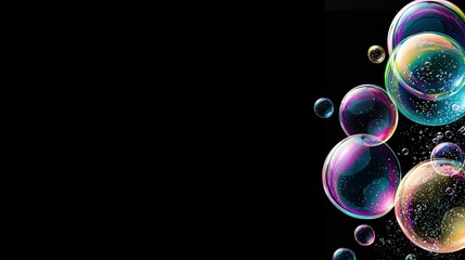 Wall Mural - soap bubbles float on black background, allowing space for text or image
