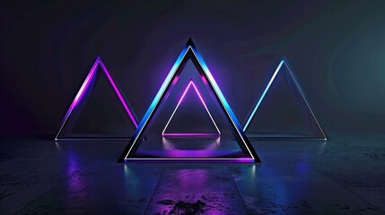 Wall Mural - ring vibrant of triangle shape glowing purple blue pink on dark background light reflection.