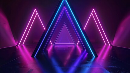 Wall Mural - ring of triangle shape glowing purple blue pink on dark background light reflection.