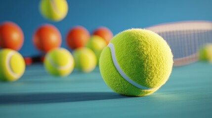 Tennis ball is sitting on a blue surface next to a tennis racket. There are several other tennis balls scattered around the area
