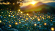© Win Warinton - Environmental impact atoms. Glowing network over field of flowers at sunset, symbolizing renewable energy