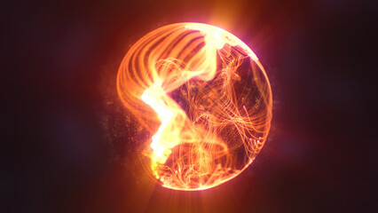 Wall Mural - fiery orange-red glowing sphere surrounded by dynamic particles and heat pattern futuristic backgrou