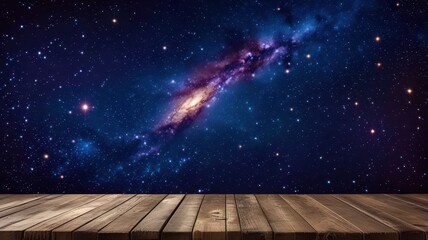 A wooden table with a view of the night sky