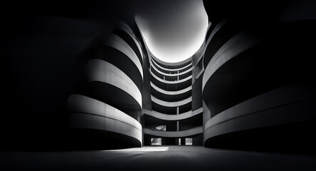 Poster - Abstract architectural monochrome shot of a curved, multi-level structure with dramatic lighting creating strong shadows and highlights. A minimalist and modern building design.