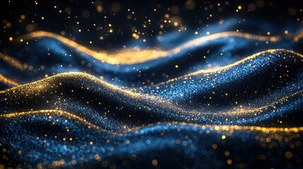 Wall Mural - glittering blue and gold particles wave abstract background