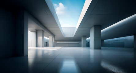 Poster - Minimalist concrete architecture with pillars and a skylight. Bright light and shadows create a spacious, modern, and clean feel.