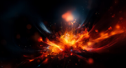 Poster - Vibrant explosion of fiery orange and red bursts against a dark backdrop, creating an abstract display of energy and light. Dynamic and intense.