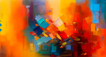 Fototapete - Vibrant abstract painting with dynamic brushstrokes and blocks of color in orange, red, yellow, blue, turquoise. Energetic and colorful composition.