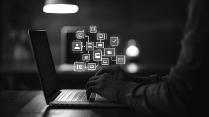 Wall Mural - digital workflow: a person immersed in a digital workflow, typing on a laptop. digital icons represe