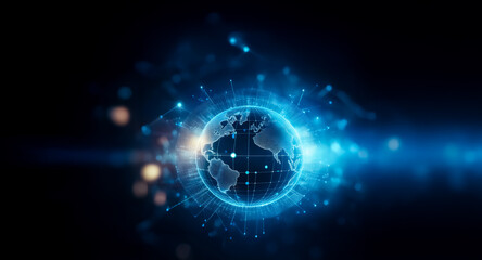 Aufkleber - Blue glowing globe with network connections on dark backdrop. Suggests global technology, digital communication, and interconnectedness.
