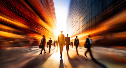 Poster - Blurred figures move towards a radiant light source amidst towering city structures. Dynamic motion effect conveys speed and ambition in an urban setting.