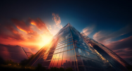 Aufkleber - A glass pyramid building stands tall against a dramatic sunset sky with vibrant orange and red hues. Light reflects beautifully off the modern architectural structure, surrounded by greenery.