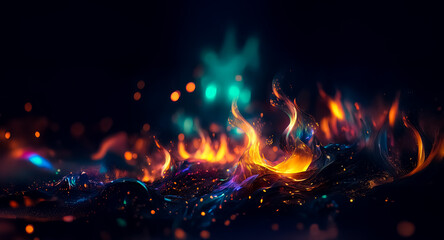 Leinwandbilder - A vibrant abstract display of fiery flames set against a dark background, enhanced with luminous bokeh lights, creating a captivating and energetic visual.