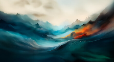 Aufkleber - Abstract landscape with mountains, valleys. Painterly style in blue, green, orange, brown hues. Dreamy, serene atmosphere, smooth gradients.