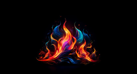 Fototapete - A stylized fire ignites a dark background, showcasing vibrant colors. The flames blend hues of red, orange, blue, and purple in a dynamic display of heat and energy.