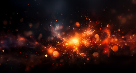Leinwandbilder - Fiery explosion of orange and yellow light bursts on a dark space backdrop. Bokeh effect adds depth and motion.
