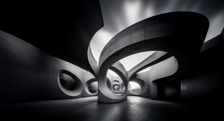 Poster - Abstract architectural design in black and white featuring smooth, flowing curves and circular openings.  Modern building with contrasting light and shadow creating depth and perspective.