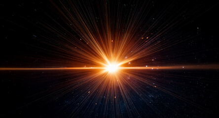 Leinwandbilder - Bright orange light bursts from a central point in darkness. Rays spread outwards, illuminating the dark with a warm glow.