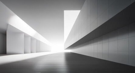 Poster - Clean modern architecture featuring a bright, white interior corridor. Light pours in from the far end, illuminating the sleek walls and floor. Minimalist design emphasizes lines and shadows.