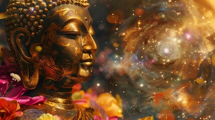 Wall Mural - A golden Buddha statue with a serene expression, set against a swirling galaxy background.