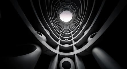 Poster - A low angle perspective captures a spiraling structure with spherical elements, creating a sense of depth and abstract architectural form in black and white.