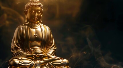 Wall Mural - A golden Buddha statue with a glowing lotus flower and abstract lines and lights in the background.