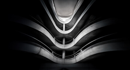 Fototapete - Dramatic monochrome architecture with curving levels and strong contrast, creating an abstract and dynamic perspective from below.