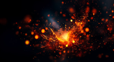 Aufkleber - Abstract fiery sparks burst on a dark backdrop. Glowing orange and yellow lights create a dynamic and energetic effect in the darkness.