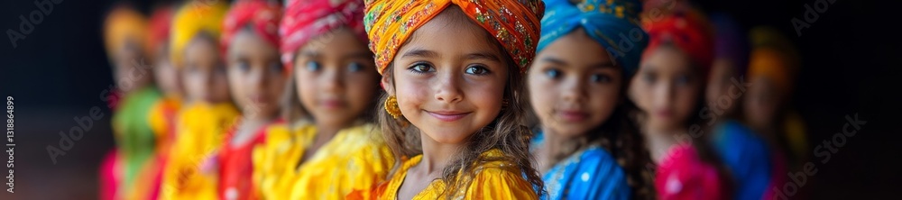 Children wearing colorful turbans and traditional costumes during a performance. Generative AI