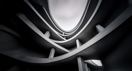 Aufkleber - Low angle monochrome view of a building's curved architecture featuring concrete pillars reaching up to a cloudy sky.