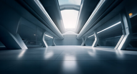 Poster - Modern, bright interior with metallic beams converging towards a skylight. Reflective floor and walls create a clean, futuristic, and spacious environment.