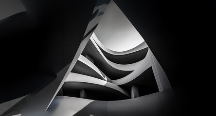 Poster - Dramatic low angle view of a modern architectural interior featuring strong contrasts of black and white, with curved lines and deep shadows creating an abstract and geometric composition.