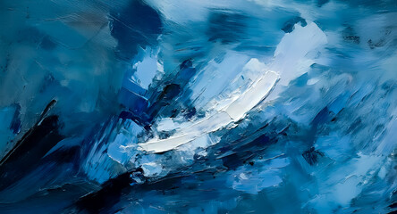 Poster - Abstract painting with blue and white brushstrokes creates texture and depth. Bold strokes evoke a sense of movement and artistic expression on canvas.