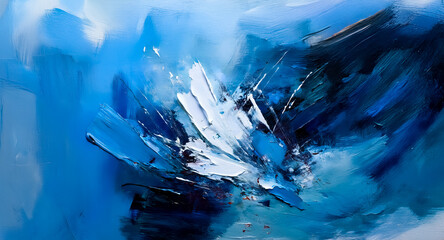 Poster - Abstract painting featuring dynamic brushstrokes in blue and white hues. Thick impasto paint creates a sense of movement and energy on the canvas.