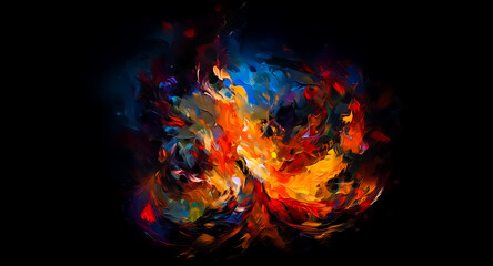 Poster - Dynamic abstract painting with bold brushstrokes of orange, yellow, red, and blue on a dark background. Vibrant and energetic artwork.