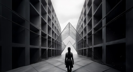 Poster - A figure walks into bright light between towering geometric buildings, creating a stark contrast in black and white, suggesting a journey or path forward in an urban setting.