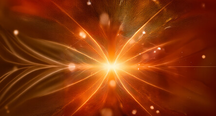 Fototapete - Abstract digital art with a central bright light source emitting radiant orange lines against a textured brown backdrop.  The image evokes a sense of energy and warmth with glowing effects.