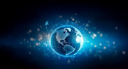 Leinwandbilder - Global digital network connecting continents. Blue glowing earth with interconnected lines and bokeh lights on dark background. Worldwide communication and technology concept.