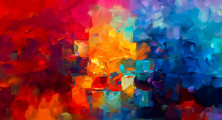 Poster - Vibrant and textured abstract art with bold brushstrokes. A colorful blend of red, orange, yellow, blue, and purple creates an expressive and dynamic composition.