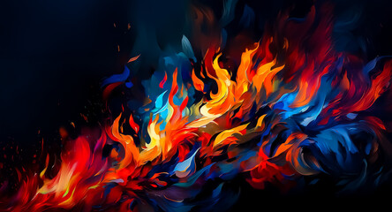 Poster - Vivid abstract brushstrokes in fiery reds, oranges, and yellows clash with cool blues on a dark background, creating a dynamic and energetic visual.