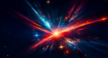 Poster - A brilliant central light explodes with vibrant red and blue rays, illuminating the dark expanse of space in a burst of cosmic energy.