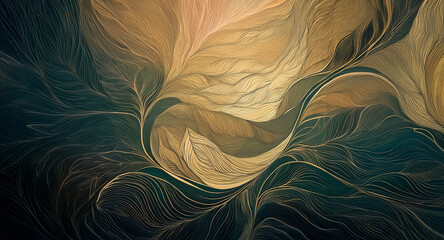 Poster - Abstract artwork featuring flowing golden and dark teal lines forming an organic, swirling, and elegant pattern with a textured brushstroke style.