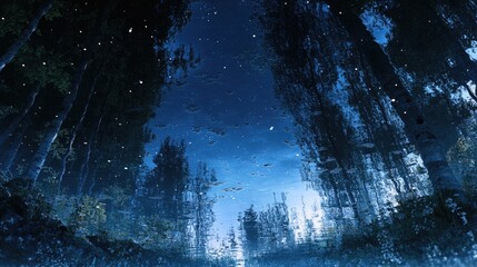 Wall Mural - a tranquil forest at night, with the trees casting shadows on the water below. the sky is filled wit
