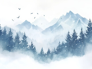 Thick Snowfall Over Pine Forest Watercolor Wallpaper Background