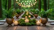 © S.W. - Table decoration and centerpiece concept. A beautifully arranged outdoor dining setup with wooden tables, ferns, candles, and string lights, creating a serene and inviting atmosphere in a forest.