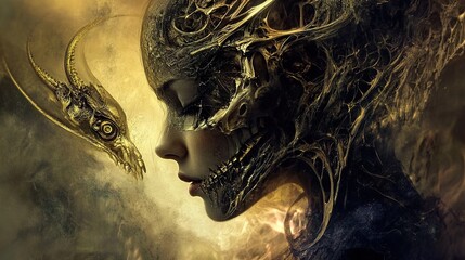 Canvas Print - surreal dark fantasy woman and creature digital painting