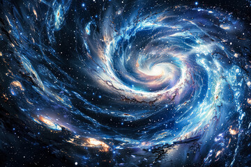 Wall Mural - spiral galaxy with a blue center and a white rim. the galaxy is filled with stars and is surrounded 